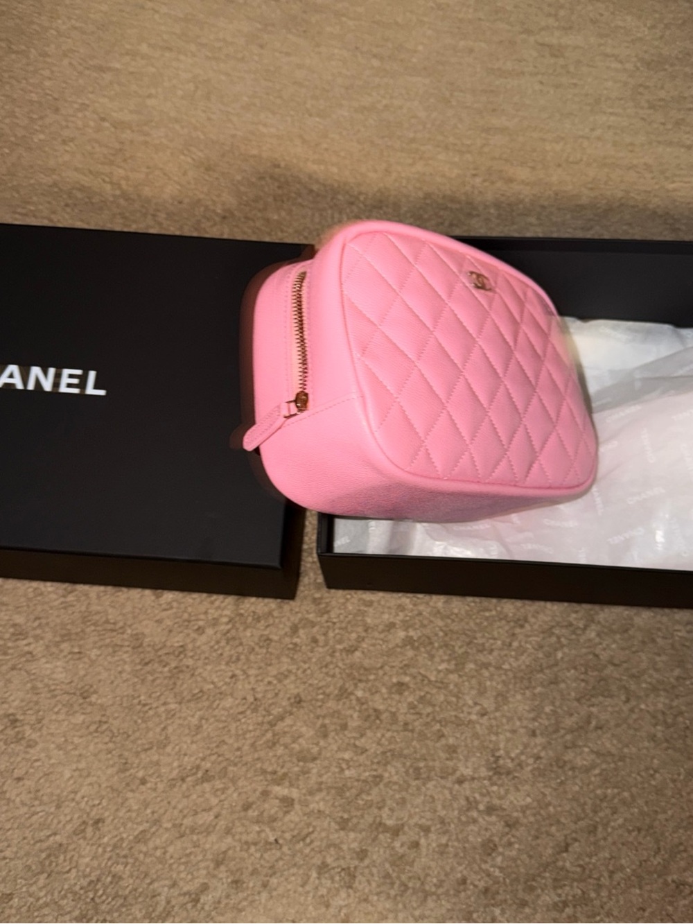 CHANEL Pink Quilted Cosmetic Pouch with Gold CC Accent